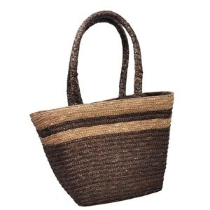 Woven Straw Tote Bag Brown Tan Striped Summer Beach Shoulder Bag Braided Handles